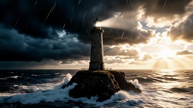 Lighthouse in Stormy Sea