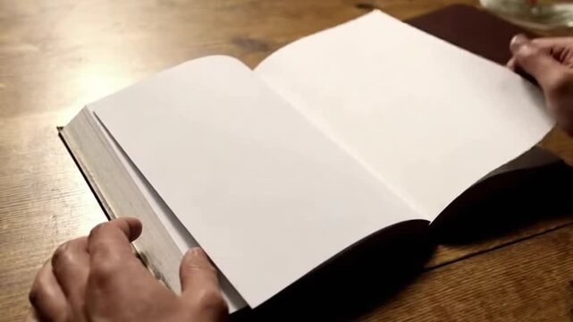 Close up shot of human hands turning pages of a blank book mockup on wooden table