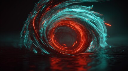 Mystic Whirlpool: Swirling Energy of Red and Teal Light Amidst the Darkness