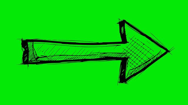 Animated hand drawn arrow with line boil effect. Black sketch with hatching details on chroma key green screen background. Perfect for pointing, direction, and call to action