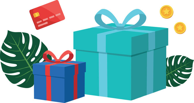 Gift boxes with credit card and gold coins for loyalty program and rewards concept illustration
