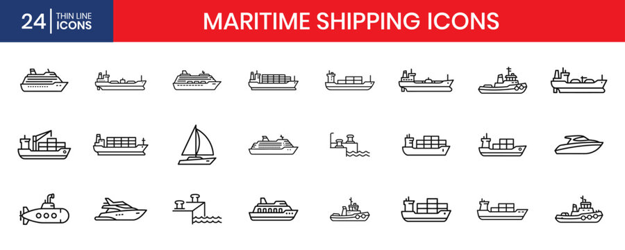 Shipping And Marine Transport Thin Line Vector Icon Set