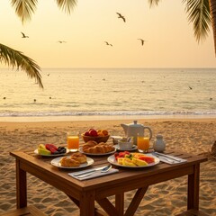 Obraz premium Beach Sunrise Breakfast Table Setting