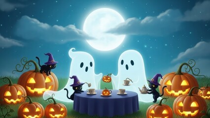 Ghosts and black cats having tea party