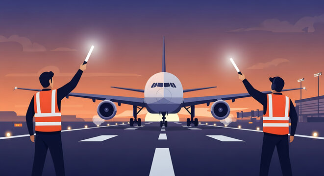 Professional ground crew guiding an aircraft on the runway during airport operations at sunset, ensuring safe departure procedures and aviation readiness for smooth global travel logistics