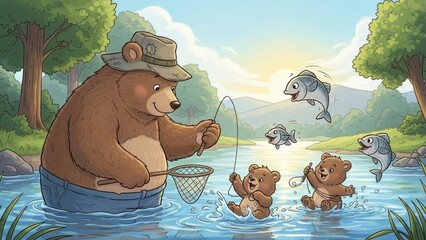 Bear dad fishing with cubs in river