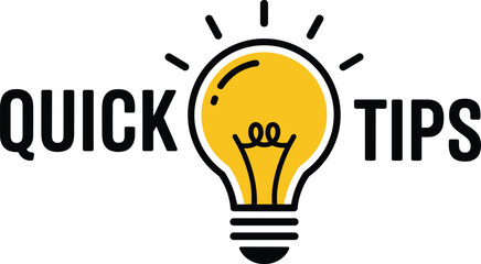 Quick tips light bulb icon illustration, idea and helpful advice concept with text, creative inspiration symbol in flat outline vector isolated on white