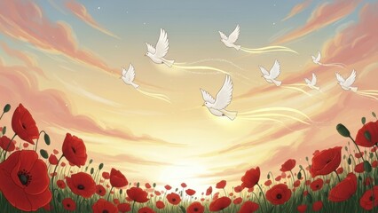 White doves flying over red poppy field