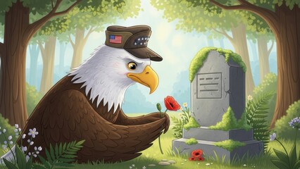 Eagle placing poppy at soldier grave