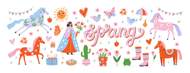 Obraz premium Spring-themed illustration with colorful flowers, horses, butterflies, and cute characters. Perfect for seasonal designs, Easter, holidays, and nature-inspired decorations. Bright and cheerful artwork