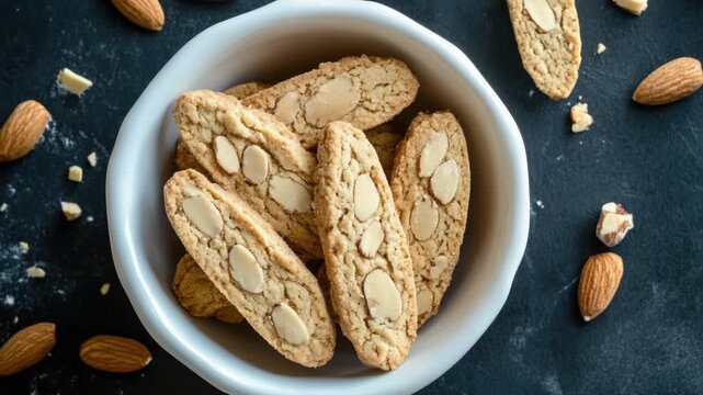 Video Freshly baked almond cookies arranged on a table, perfect for snacking or as a dessert