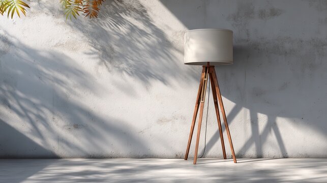 Modern wooden tripod floor lamp against a concrete wall with soft leaf shadows