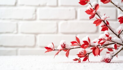 Red leaves covered in snow on white background with brick wall  