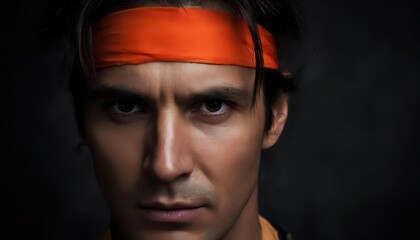 Obraz premium A portrait of a man with distinctive facial features. His hair is dark and slightly tousled, and he wears an orange headband. His face is handsome, bright, and expressive. The dark background creates 