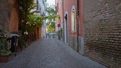 Obraz premium Sunlit narrow cobblestone alley with textured brick walls, hanging vines and distant cafe lights in soft bokeh; background backplate copyspace calm.