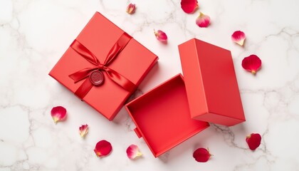 Red gift boxes with ribbon and rose petals on marble background  