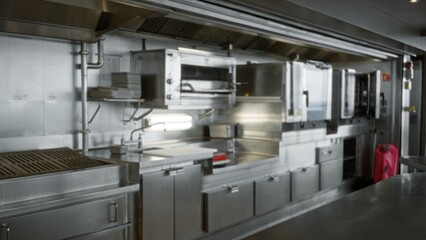 Commercial kitchen with blurred stainless steel surfaces and shallow bokeh interior; background,...