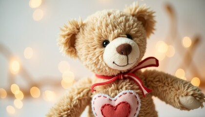 Cuddly teddy bear with heart detail on soft background with lights  