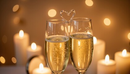 Champagne glasses toasting with heart-shaped decoration and candles  