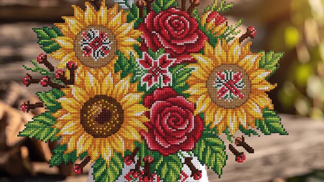 Embroidery Flowers: A Beautiful Cross-Stitch Bouquet of Sunflowers and Roses for Craft Lovers