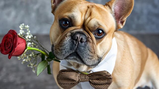 Dog holds rose with bow tie and white shirt for special occasion while looking at the camera in a simple indoor setting