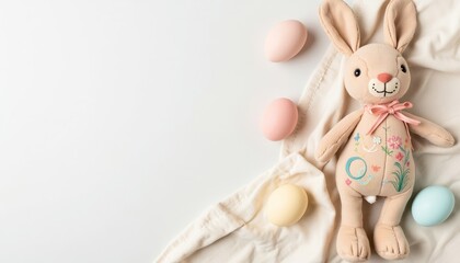 Plush bunny toy with colored eggs on a soft blanket background  