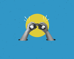 hands holding a big binoculars. Art collage. Searching for information on the internet, planning and analysis concept.