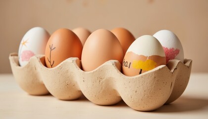 Brown and white decorated eggs in a carton on beige background  