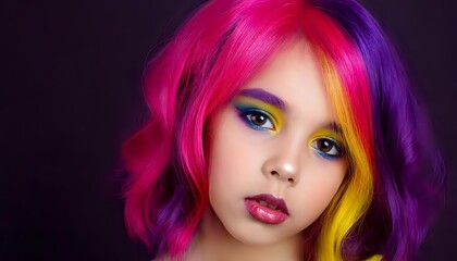 Fototapeta premium A girl with a bright, multi-colored hairstyle and makeup. Her hair is dyed in various colors, including pink, purple, and yellow. The makeup is also bright, emphasizing the eyes and lips.
