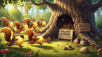 Squirrels carrying large golden acorns from a tree shop