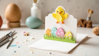 Easter pop-up card featuring a chick and colorful eggs on table  