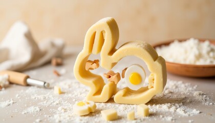 Bunny-shaped cookie cutter with dough and flour on kitchen table  