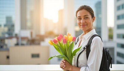 Young woman smiling while holding flowers on sunny city rooftop  