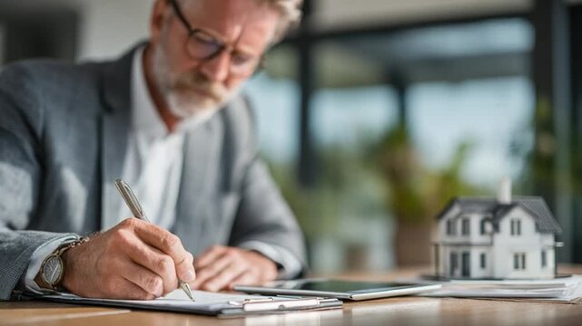 Real Estate Agreement: An astute professional engrossed in reviewing property documents. A miniature model home is a symbol of their diligence and focus.
