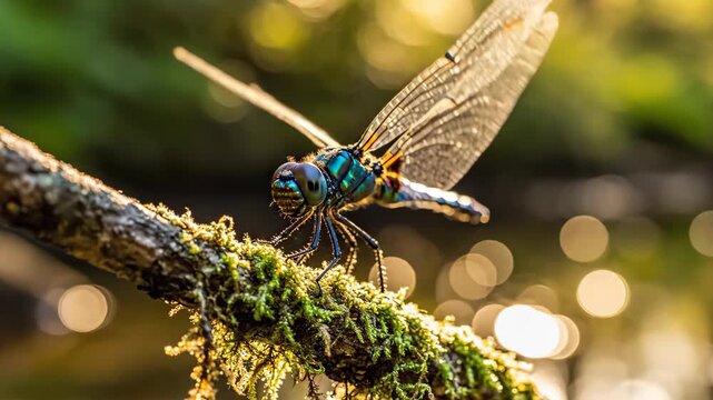 Dragonfly Takes Flight: A Close-Up Journey from Mossy Branch to Open Sky,Captured in Stunning Detail