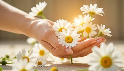 Hand holding daisies with sunlight shining in garden  