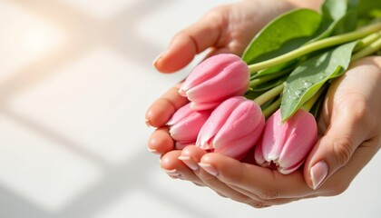 Woman holding pink tulips in hands with green leaves indoors  