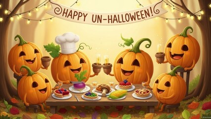Pumpkins having a feast with a Happy Un-Halloween banner