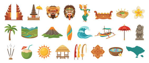 A collection of colorful illustrations representing Balinese culture, nature, and symbols.