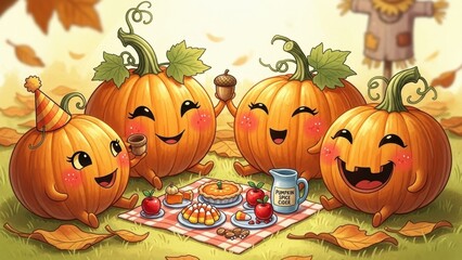 Cute pumpkin family having a picnic on the grass