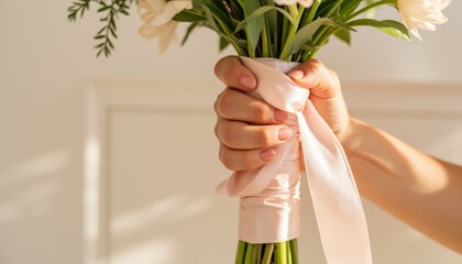 Woman holding bouquet of flowers wrapped with pink ribbon  