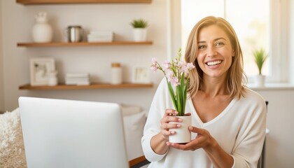 Young woman smiling and holding potted plant in modern home office  