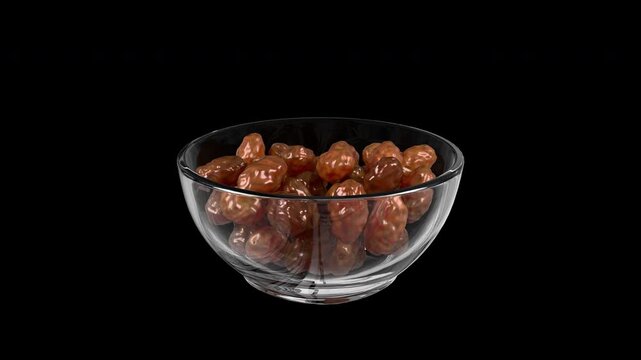Dates Fruit in a Glass Bowl on Transparent Background. Seamless Loop. 4K