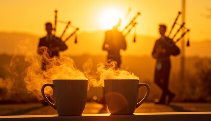 Two steaming mugs of coffee with bagpipers playing at sunset  