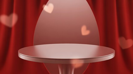 Valentine's day red background. Podium table top with spot light for product placement mockup.