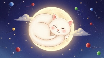 White cat sleeping peacefully on a full moon
