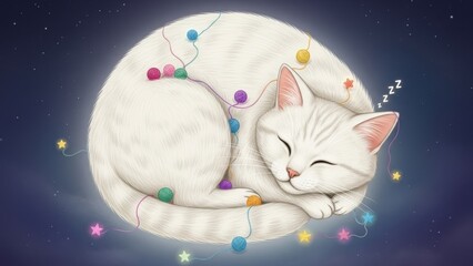 White cat sleeping curled up with colorful fairy lights