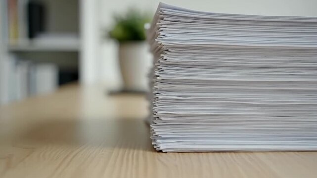 Paper stack on desk. A tidy office scene featuring a precisely stacked pile of paper sheets on a work desk.