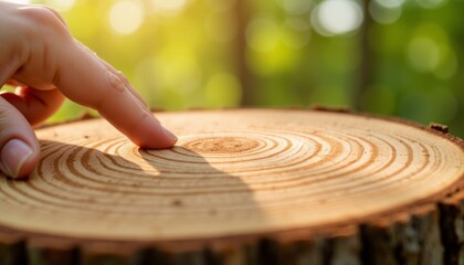 Hand touching tree stump with growth rings in natural setting  
