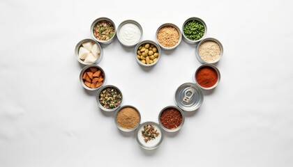 Heart shape arrangement of spice containers on white background  